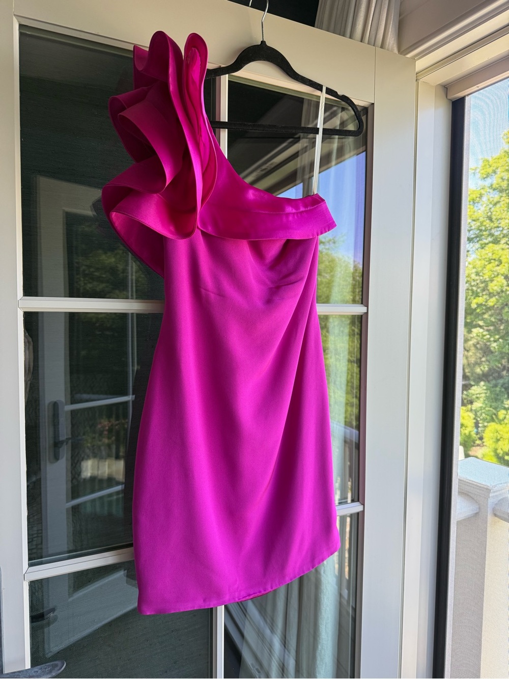 MARCHESA NOTTE - One-Shoulder Ruffle Cocktail Dress in Fuchsia